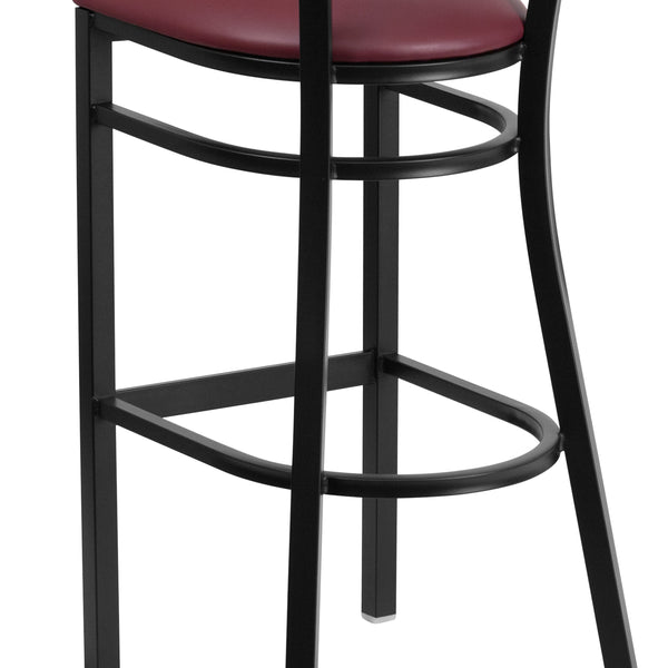 Mahogany Wood Back/Burgundy Vinyl Seat/Black Metal Frame |#| Black Slat Back Metal Restaurant Barstool - Mahogany Wood Back, Burg Vinyl Seat