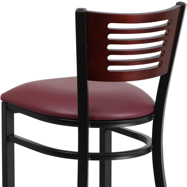 Mahogany Wood Back/Burgundy Vinyl Seat/Black Metal Frame |#| Black Slat Back Metal Restaurant Barstool - Mahogany Wood Back, Burg Vinyl Seat