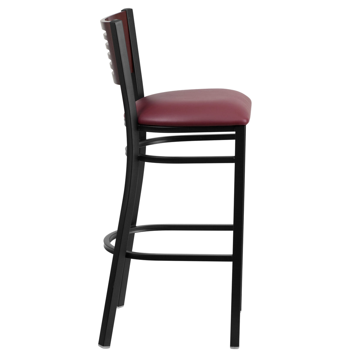 Mahogany Wood Back/Burgundy Vinyl Seat/Black Metal Frame |#| Black Slat Back Metal Restaurant Barstool - Mahogany Wood Back, Burg Vinyl Seat
