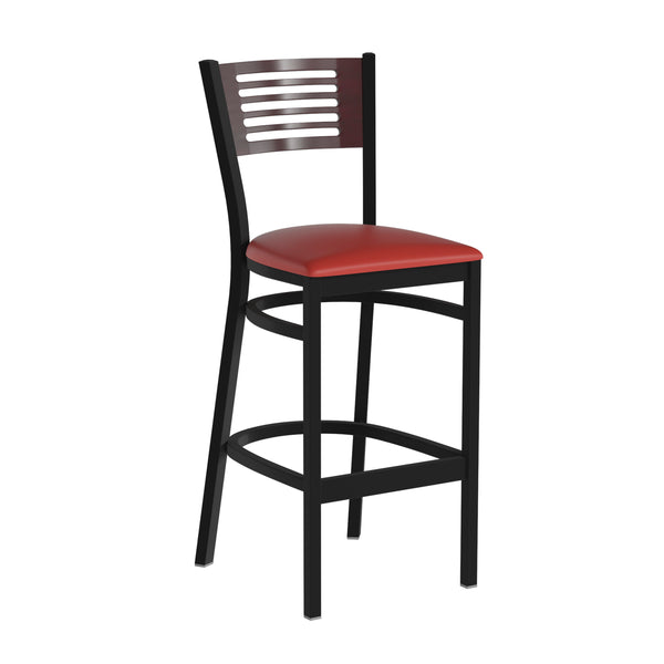 Mahogany Wood Back/Mahogany Wood Seat/Black Metal Frame |#| Black Slat Back Metal Restaurant Barstool - Mahogany Wood Back & Seat