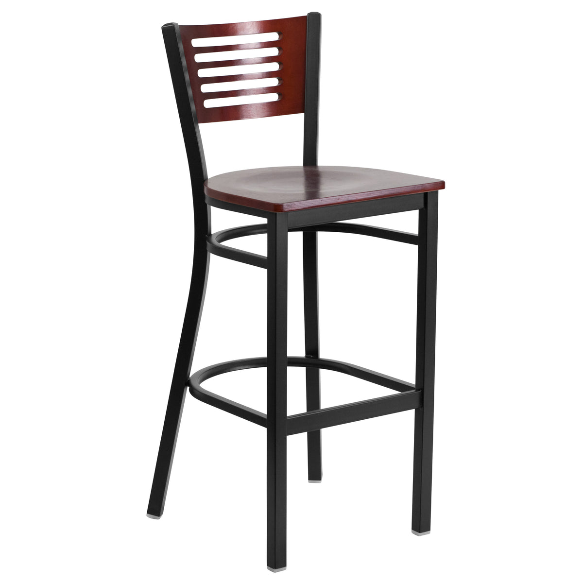 Mahogany Wood Back/Mahogany Wood Seat/Black Metal Frame |#| Black Slat Back Metal Restaurant Barstool - Mahogany Wood Back & Seat