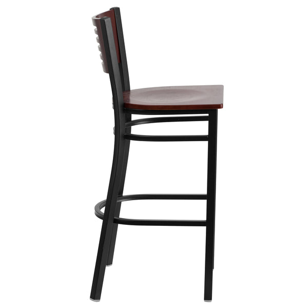 Mahogany Wood Back/Mahogany Wood Seat/Black Metal Frame |#| Black Slat Back Metal Restaurant Barstool - Mahogany Wood Back & Seat