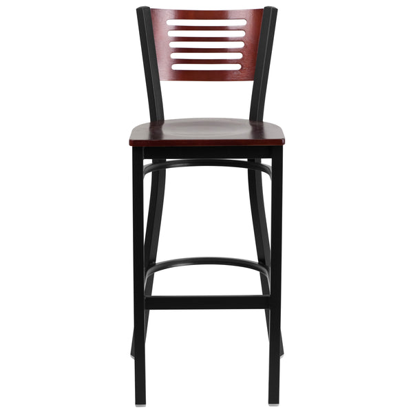 Mahogany Wood Back/Mahogany Wood Seat/Black Metal Frame |#| Black Slat Back Metal Restaurant Barstool - Mahogany Wood Back & Seat