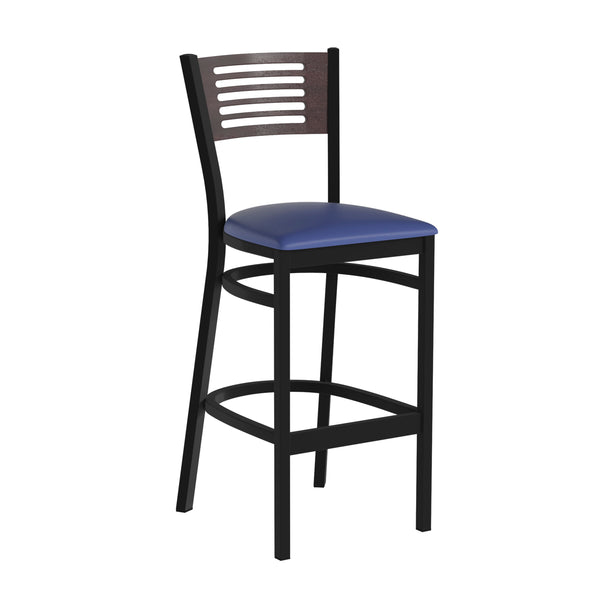 Mahogany Wood Back/Gray Vinyl Seat/Black Metal Frame |#| Black Slat Back Metal Restaurant Barstool - Mahogany Wood Back, Gray Vinyl Seat