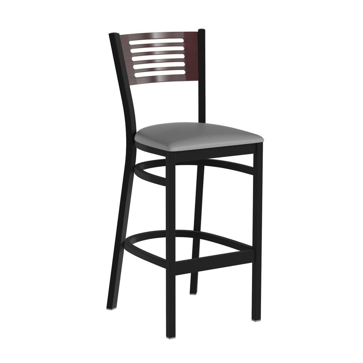Mahogany Wood Back/Gray Vinyl Seat/Black Metal Frame |#| Black Slat Back Metal Restaurant Barstool - Mahogany Wood Back, Gray Vinyl Seat