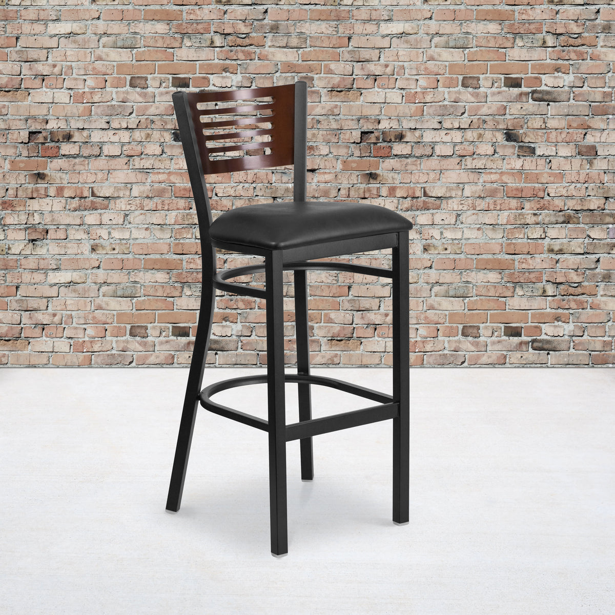 Walnut Wood Back/Black Vinyl Seat/Black Metal Frame |#| Black Slat Back Metal Restaurant Barstool - Walnut Wood Back, Black Vinyl Seat