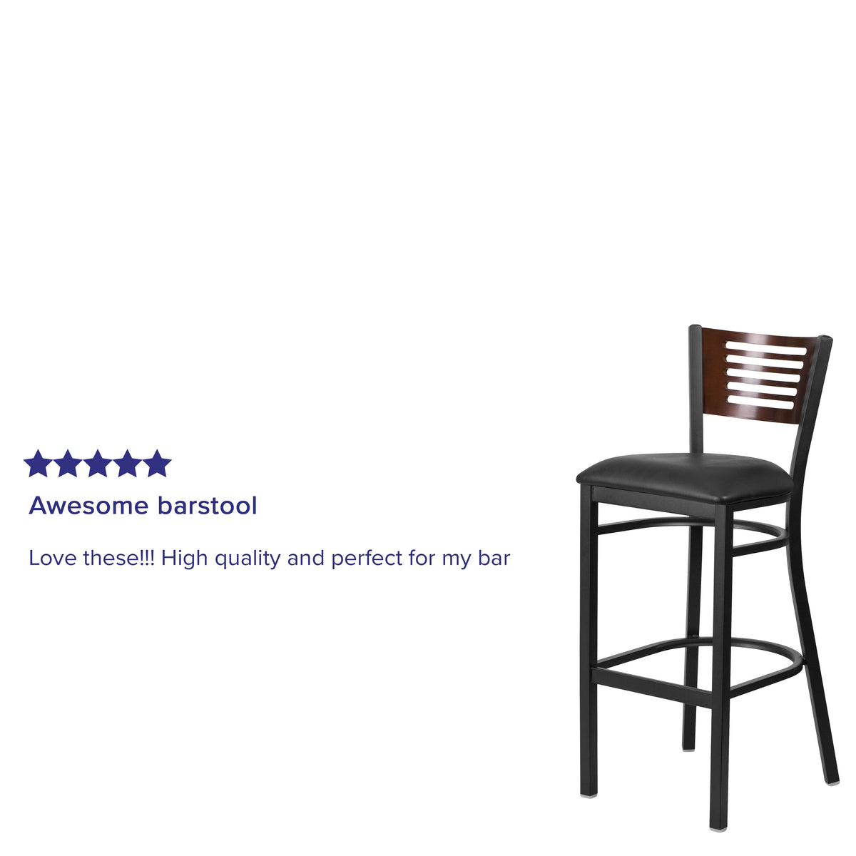 Walnut Wood Back/Black Vinyl Seat/Black Metal Frame |#| Black Slat Back Metal Restaurant Barstool - Walnut Wood Back, Black Vinyl Seat