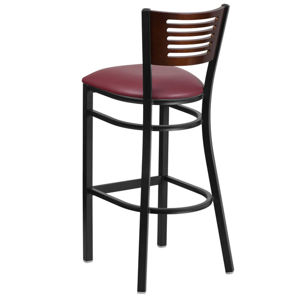 Walnut Wood Back/Burgundy Vinyl Seat/Black Metal Frame |#| Black Slat Back Metal Restaurant Barstool - Walnut Back, Burgundy Vinyl Seat