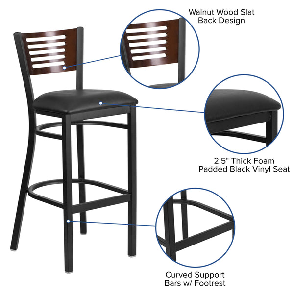 Walnut Wood Back/Black Vinyl Seat/Black Metal Frame |#| Black Slat Back Metal Restaurant Barstool - Walnut Wood Back, Black Vinyl Seat