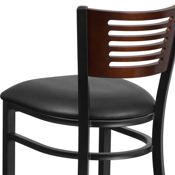 Walnut Wood Back/Black Vinyl Seat/Black Metal Frame |#| Black Slat Back Metal Restaurant Barstool - Walnut Wood Back, Black Vinyl Seat