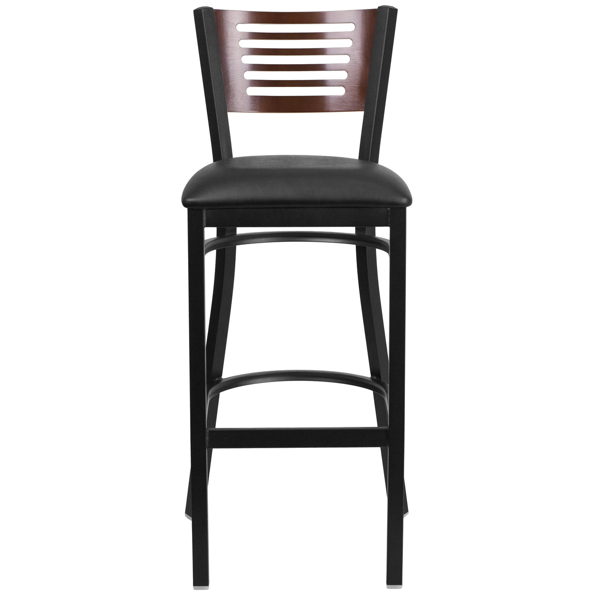 Walnut Wood Back/Black Vinyl Seat/Black Metal Frame |#| Black Slat Back Metal Restaurant Barstool - Walnut Wood Back, Black Vinyl Seat