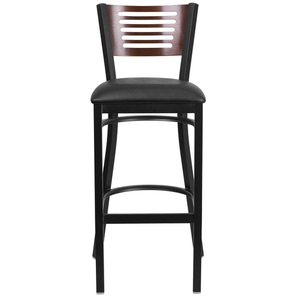 Walnut Wood Back/Black Vinyl Seat/Black Metal Frame |#| Black Slat Back Metal Restaurant Barstool - Walnut Wood Back, Black Vinyl Seat