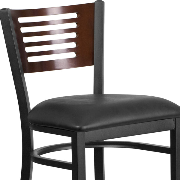Walnut Wood Back/Black Vinyl Seat/Black Metal Frame |#| Black Slat Back Metal Restaurant Barstool - Walnut Wood Back, Black Vinyl Seat