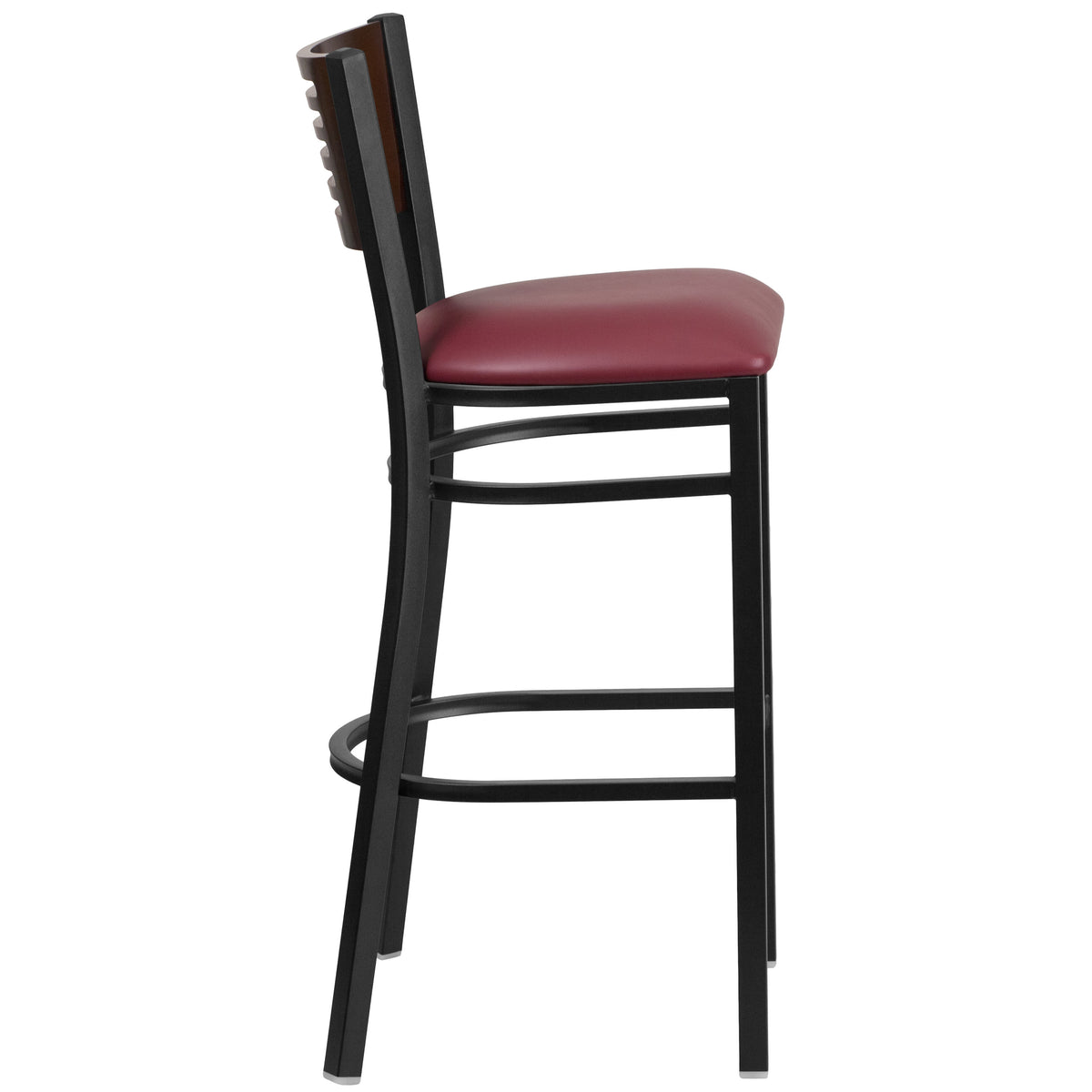 Walnut Wood Back/Burgundy Vinyl Seat/Black Metal Frame |#| Black Slat Back Metal Restaurant Barstool - Walnut Back, Burgundy Vinyl Seat