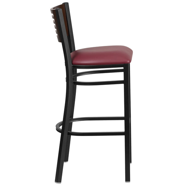 Walnut Wood Back/Burgundy Vinyl Seat/Black Metal Frame |#| Black Slat Back Metal Restaurant Barstool - Walnut Back, Burgundy Vinyl Seat