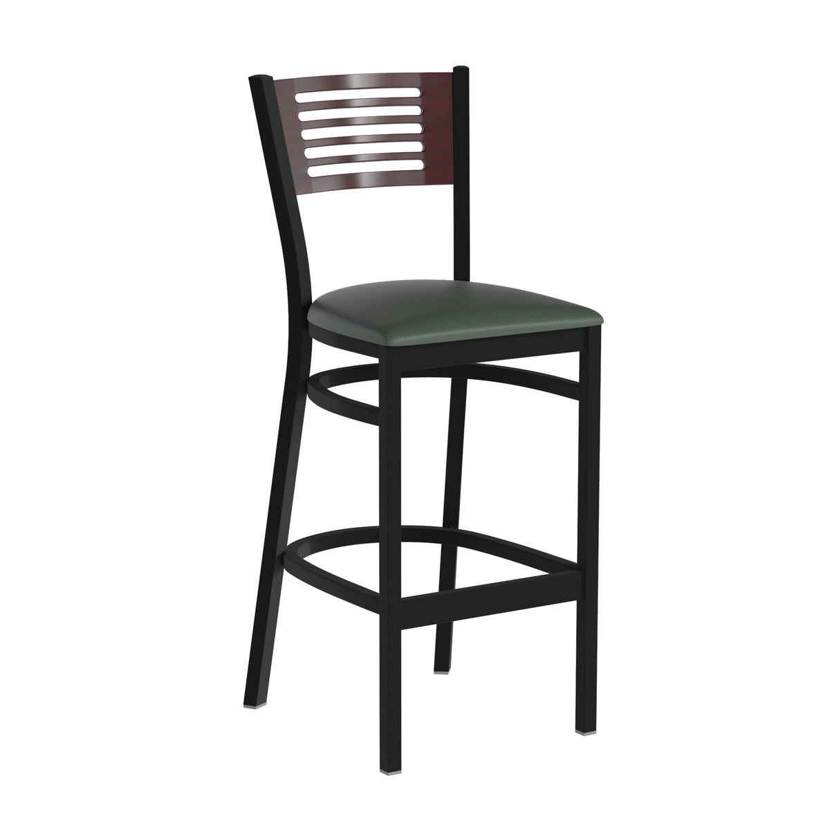 Mahogany Wood Back/Green Vinyl Seat/Black Metal Frame |#| Black Slat Back Metal Restaurant Barstool - Mahogany Wood Back, Green Vinyl Seat