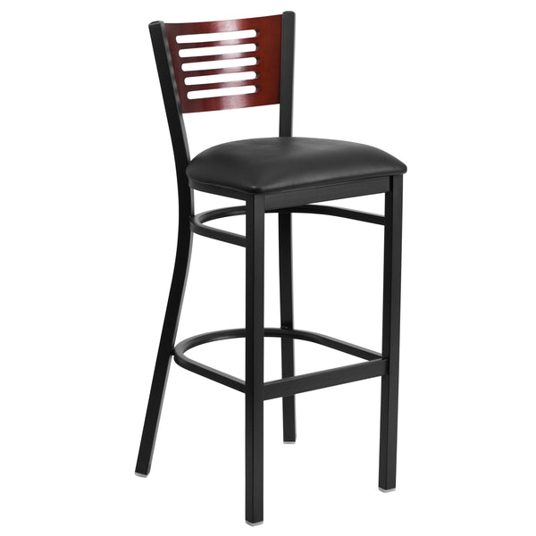 Mahogany Wood Back/Black Vinyl Seat/Black Metal Frame |#| Black Slat Back Metal Restaurant Barstool - Mahogany Wood Back, Black Vinyl Seat