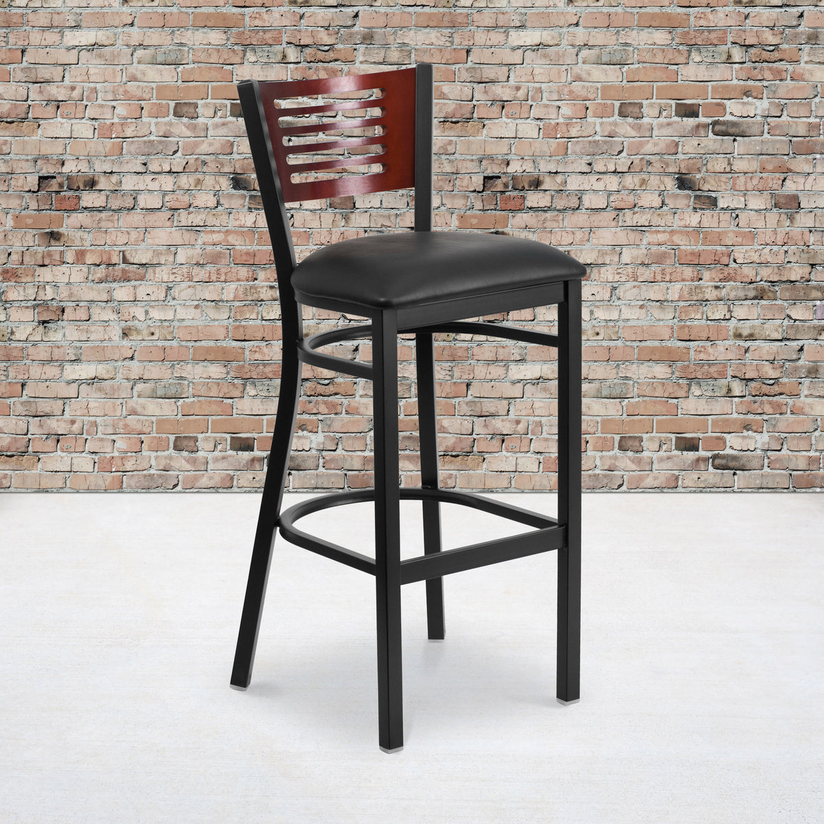 Mahogany Wood Back/Black Vinyl Seat/Black Metal Frame |#| Black Slat Back Metal Restaurant Barstool - Mahogany Wood Back, Black Vinyl Seat