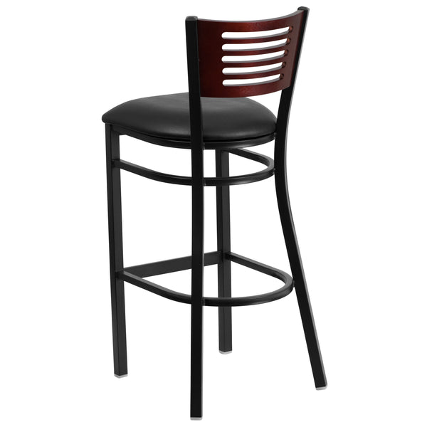 Mahogany Wood Back/Black Vinyl Seat/Black Metal Frame |#| Black Slat Back Metal Restaurant Barstool - Mahogany Wood Back, Black Vinyl Seat