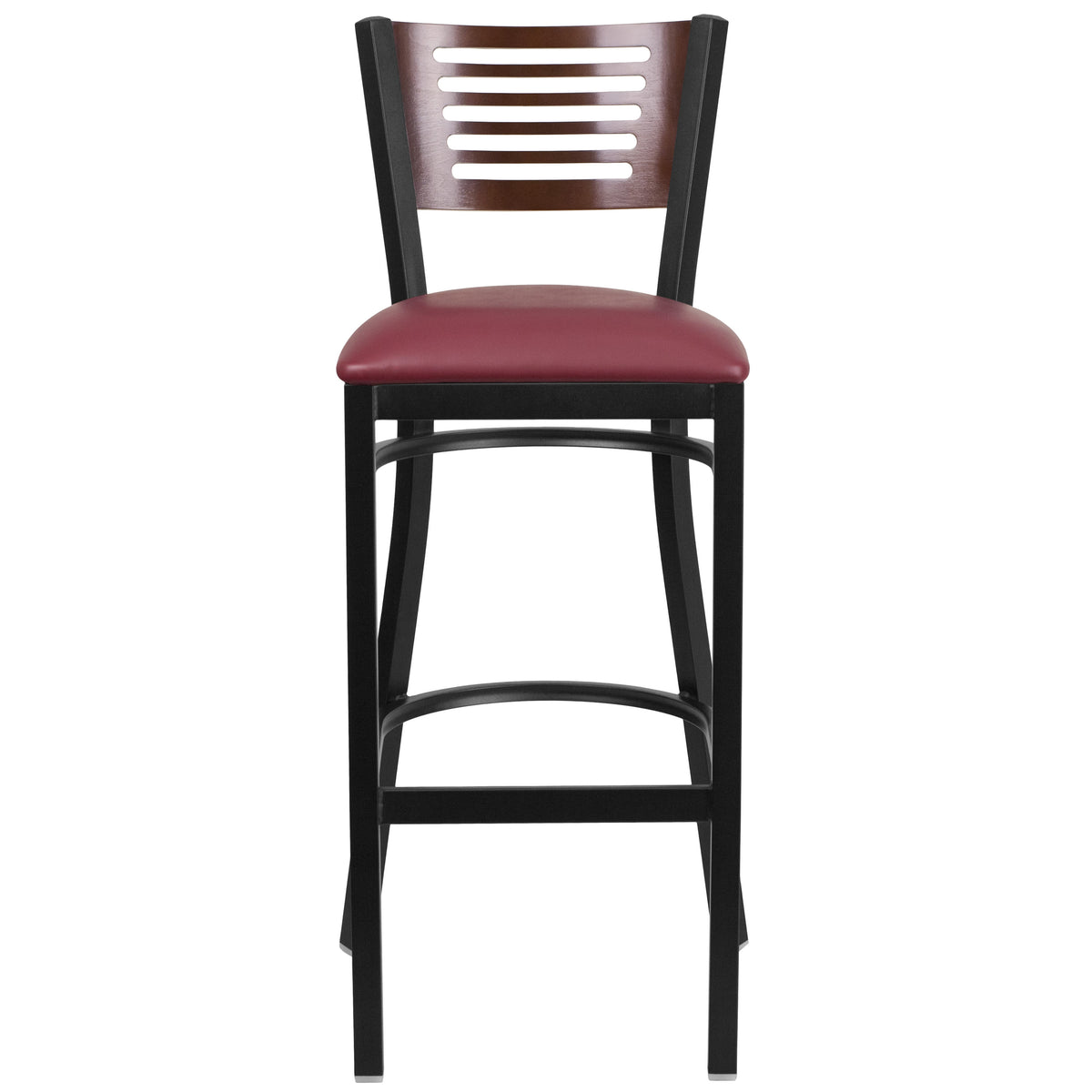 Walnut Wood Back/Burgundy Vinyl Seat/Black Metal Frame |#| Black Slat Back Metal Restaurant Barstool - Walnut Back, Burgundy Vinyl Seat