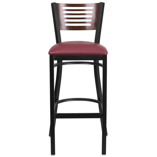 Walnut Wood Back/Burgundy Vinyl Seat/Black Metal Frame |#| Black Slat Back Metal Restaurant Barstool - Walnut Back, Burgundy Vinyl Seat