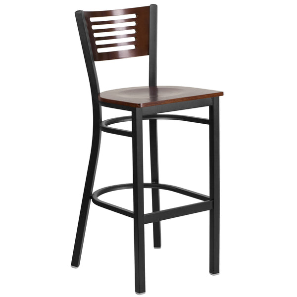 Walnut Wood Back/Walnut Wood Seat/Black Metal Frame |#| Black Slat Back Metal Restaurant Barstool - Walnut Wood Back & Seat