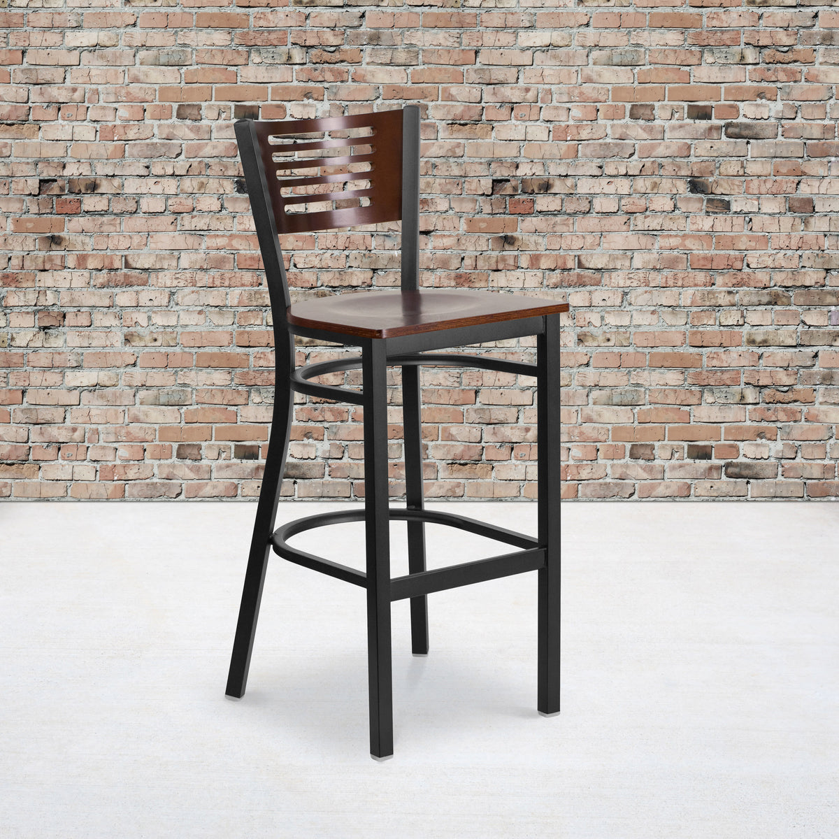 Walnut Wood Back/Walnut Wood Seat/Black Metal Frame |#| Black Slat Back Metal Restaurant Barstool - Walnut Wood Back & Seat