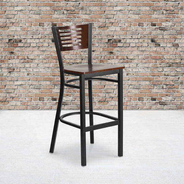 Walnut Wood Back/Walnut Wood Seat/Black Metal Frame |#| Black Slat Back Metal Restaurant Barstool - Walnut Wood Back & Seat