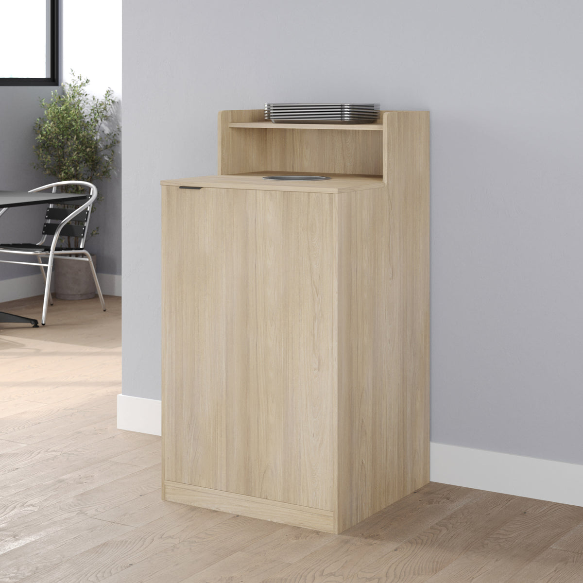 Oak |#| Commercial Grade 32 Gallon Wood Tray Top Trash Enclosure with Drop Hole-Oak