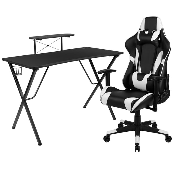 Black |#| Black/White Reclining Gaming Chair with Footrest & Black Desk with Monitor Stand
