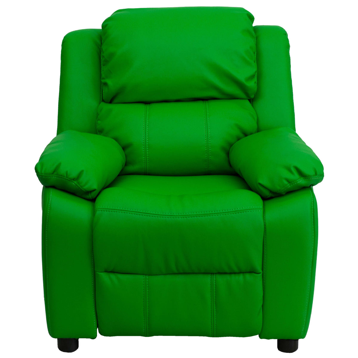 Green Vinyl |#| Deluxe Padded Contemporary Green Vinyl Kids Recliner with Storage Arms