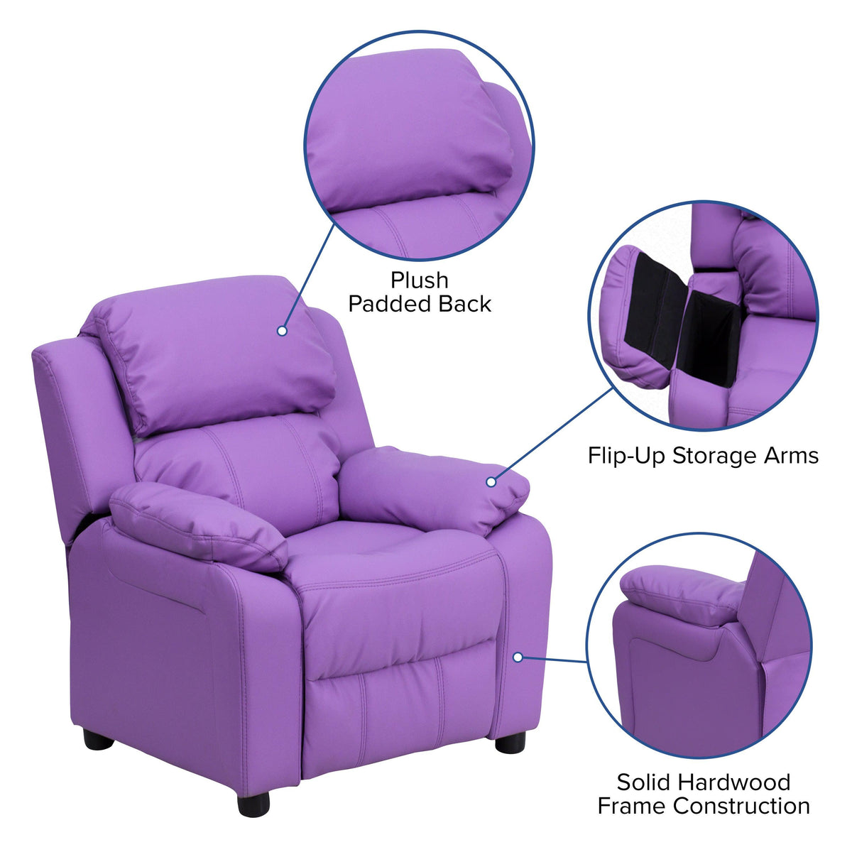 Lavender Vinyl |#| Deluxe Padded Contemporary Lavender Vinyl Kids Recliner with Storage Arms