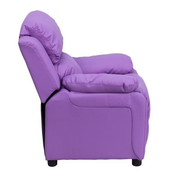 Lavender Vinyl |#| Deluxe Padded Contemporary Lavender Vinyl Kids Recliner with Storage Arms