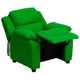 Green Vinyl |#| Deluxe Padded Contemporary Green Vinyl Kids Recliner with Storage Arms