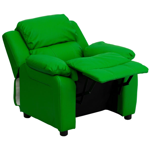 Black LeatherSoft |#| Deluxe Padded Contemporary Black LeatherSoft Kids Recliner with Storage Arms