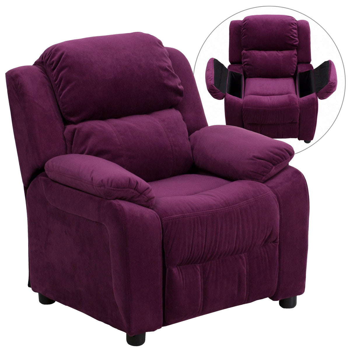 Purple Microfiber |#| Deluxe Padded Contemporary Purple Microfiber Kids Recliner with Storage Arms