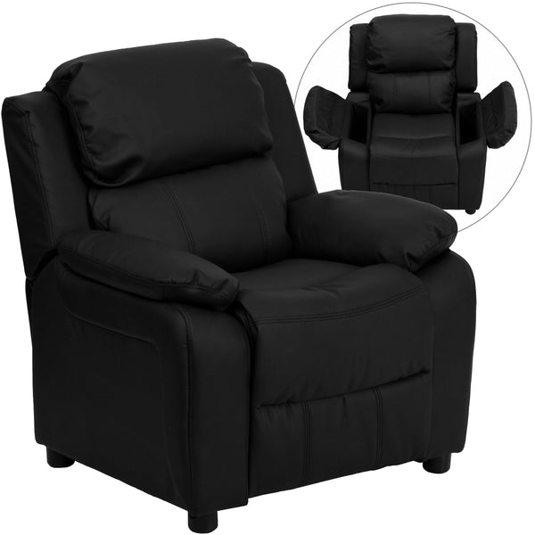 Black LeatherSoft |#| Deluxe Padded Contemporary Black LeatherSoft Kids Recliner with Storage Arms