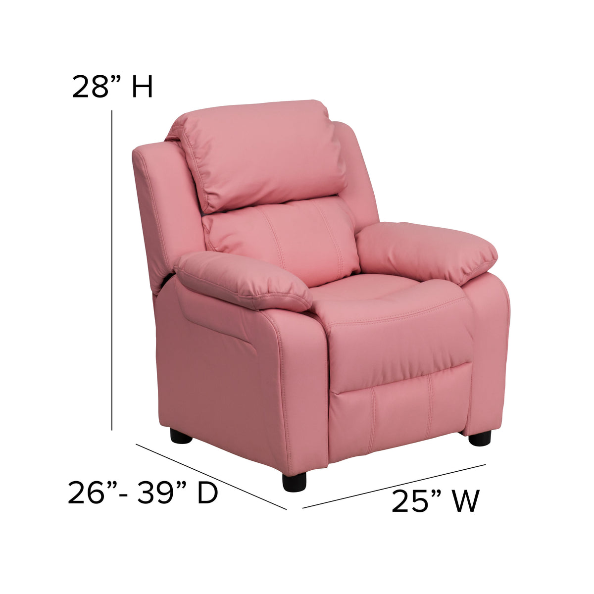 Pink Vinyl |#| Deluxe Padded Contemporary Pink Vinyl Kids Recliner with Storage Arms