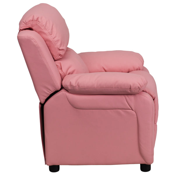 Pink Vinyl |#| Deluxe Padded Contemporary Pink Vinyl Kids Recliner with Storage Arms