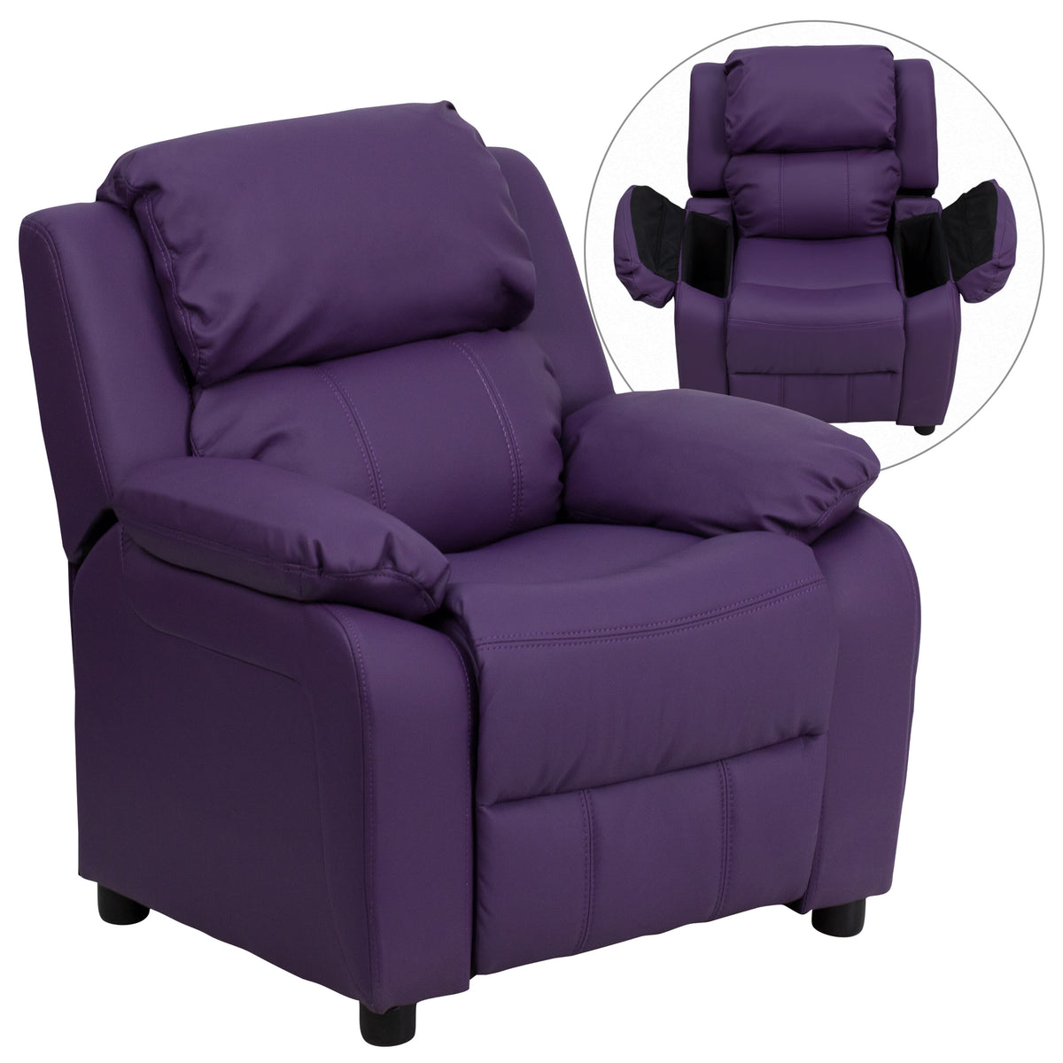 Purple Vinyl |#| Deluxe Padded Contemporary Purple Vinyl Kids Recliner with Storage Arms