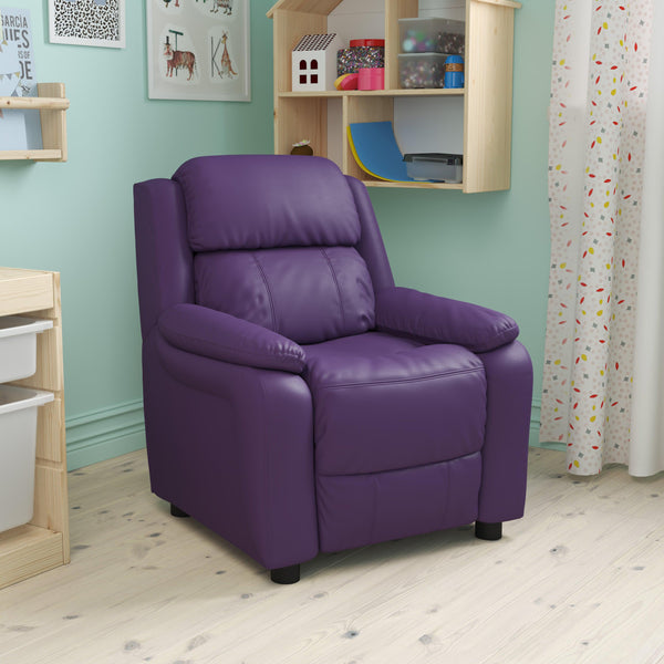 Purple Vinyl |#| Deluxe Padded Contemporary Purple Vinyl Kids Recliner with Storage Arms