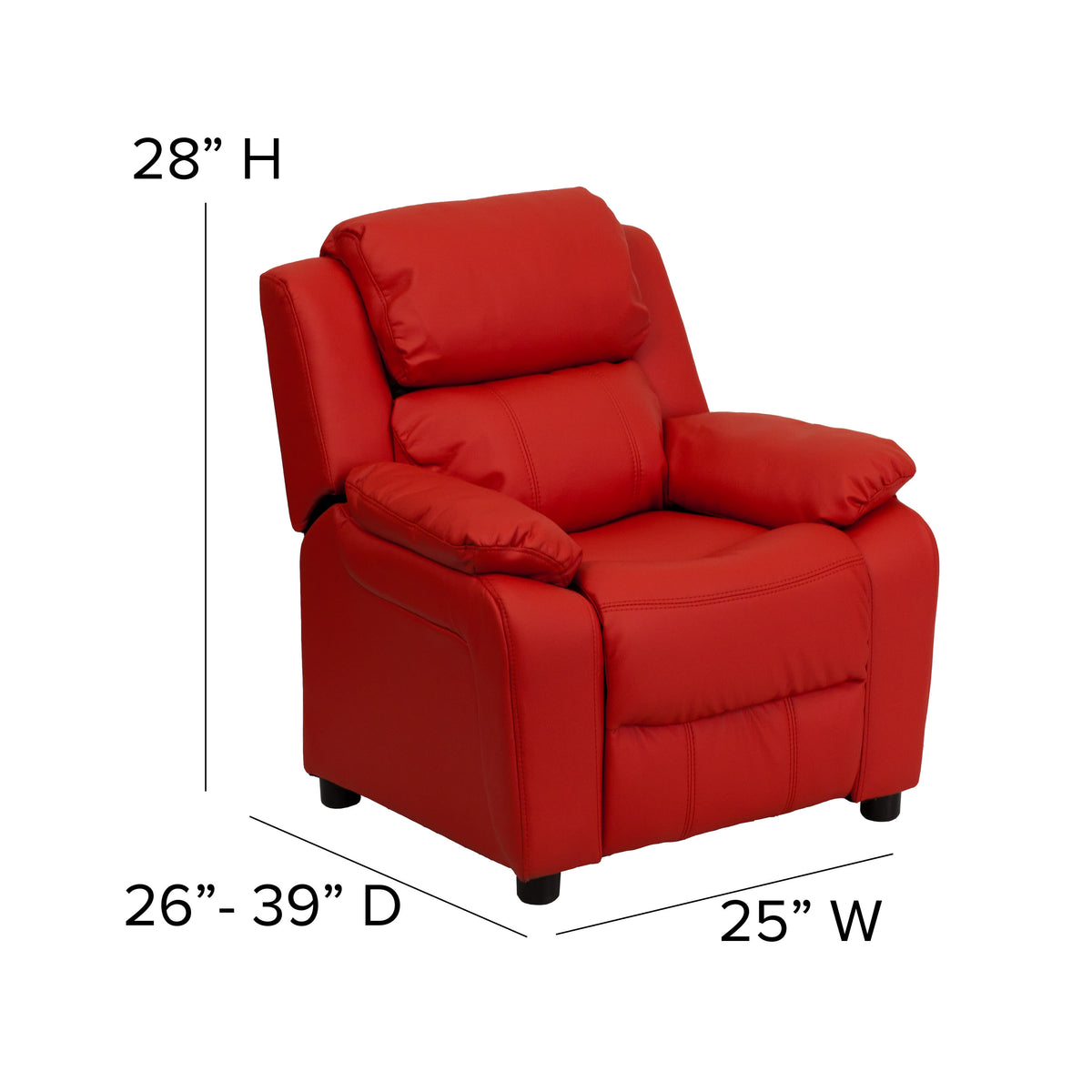 Red Vinyl |#| Deluxe Padded Contemporary Red Vinyl Kids Recliner with Storage Arms