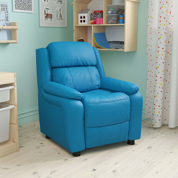 Turquoise Vinyl |#| Deluxe Padded Contemporary Turquoise Vinyl Kids Recliner with Storage Arms