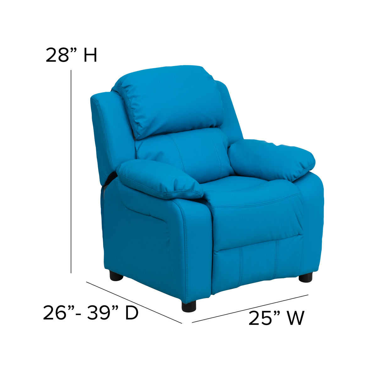 Turquoise Vinyl |#| Deluxe Padded Contemporary Turquoise Vinyl Kids Recliner with Storage Arms