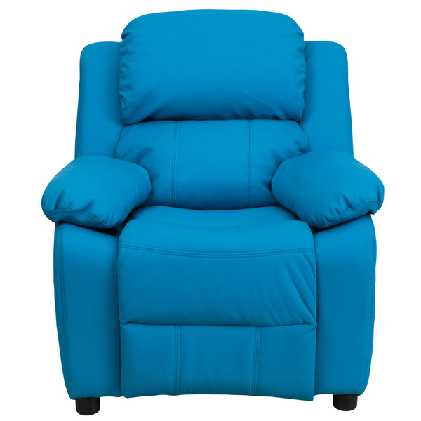 Turquoise Vinyl |#| Deluxe Padded Contemporary Turquoise Vinyl Kids Recliner with Storage Arms