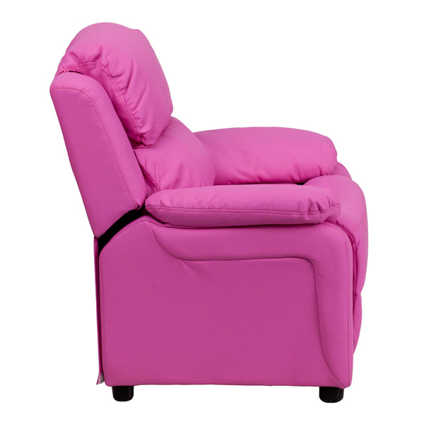 Hot Pink Vinyl |#| Deluxe Padded Contemporary Hot Pink Vinyl Kids Recliner with Storage Arms