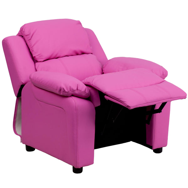 Brown LeatherSoft |#| Deluxe Padded Contemporary Brown LeatherSoft Kids Recliner with Storage Arms