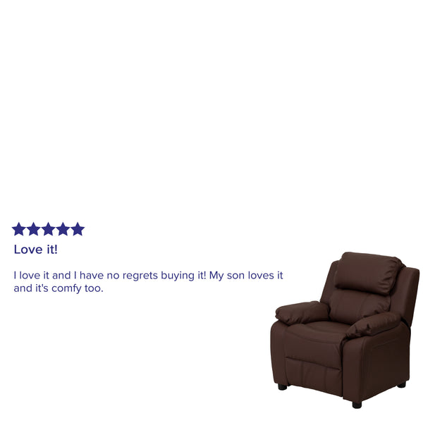 Brown LeatherSoft |#| Deluxe Padded Contemporary Brown LeatherSoft Kids Recliner with Storage Arms