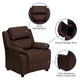Brown LeatherSoft |#| Deluxe Padded Contemporary Brown LeatherSoft Kids Recliner with Storage Arms
