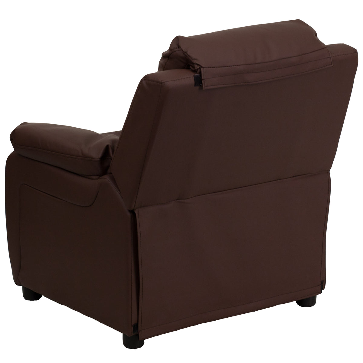 Brown LeatherSoft |#| Deluxe Padded Contemporary Brown LeatherSoft Kids Recliner with Storage Arms